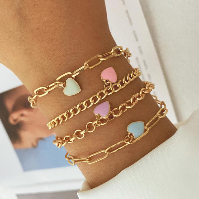 4pcs sweet pink enamel heart charm metal chain bracelet set