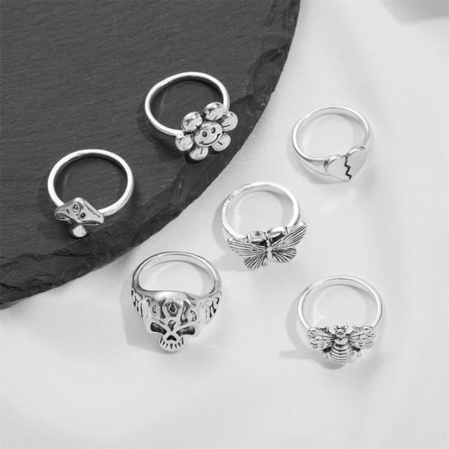 6pcs gothic skull head mushroom butterfly stackable rings set