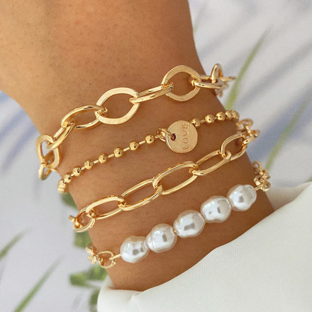 4pcs gold color alloy chain pearl bead chain bracelet set for women