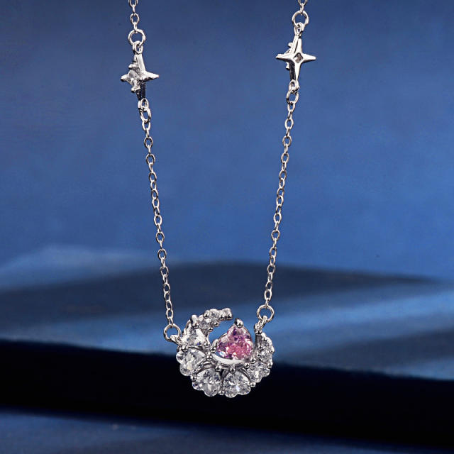 925 sterling silver pink cubic zircon heart moon pendant dainty women necklace