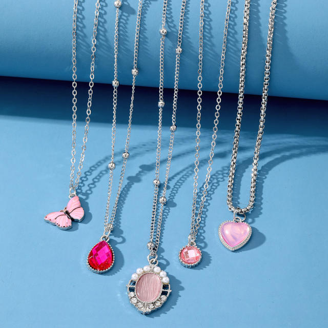 5pcs pink color acrylic heart  drop butterfly pendant necklace set