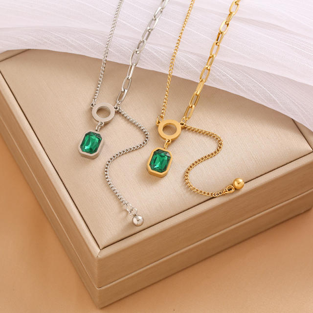 Classic emerald cubic zircon pendant stainless steel asymmetrical necklace