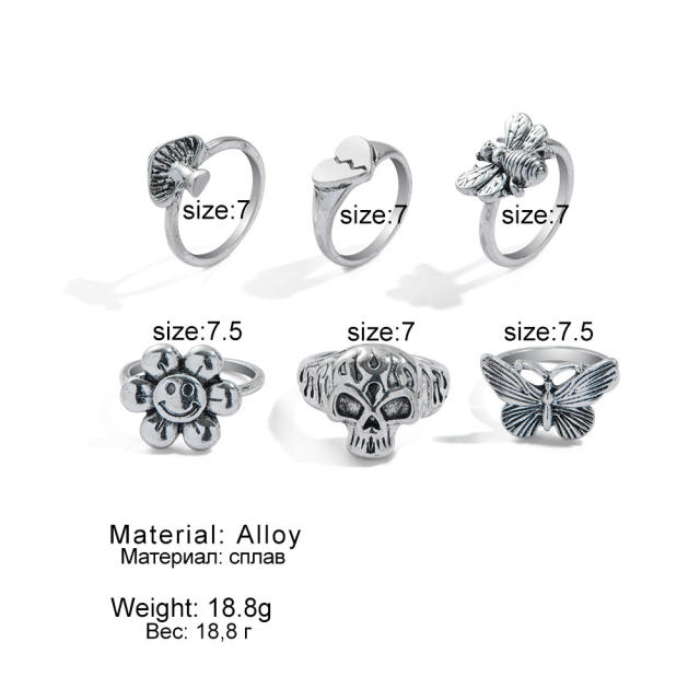 6pcs gothic skull head mushroom butterfly stackable rings set