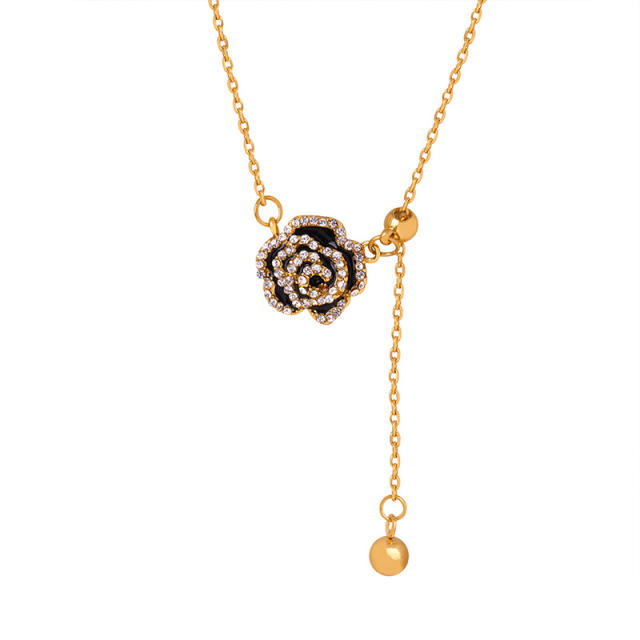 Chic black rose flower camelia stainless steel lariat necklace