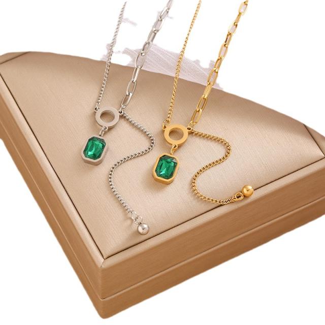 Classic emerald cubic zircon pendant stainless steel asymmetrical necklace
