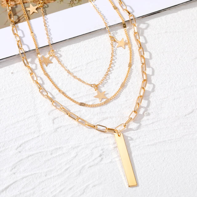 Boho three layer gold color chain bar pendant women necklace