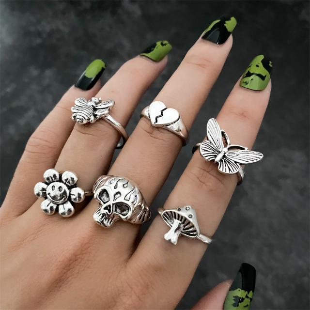 6pcs gothic skull head mushroom butterfly stackable rings set