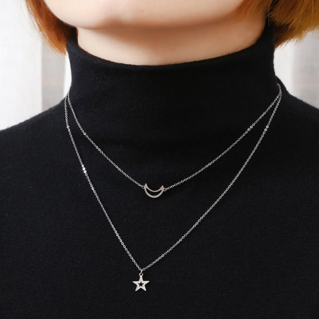 Dainty two layer hollow moon star stainless steel necklace