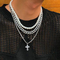 Hiphop three layer pearl chain cuban chain diamond cross pendant necklace set for men