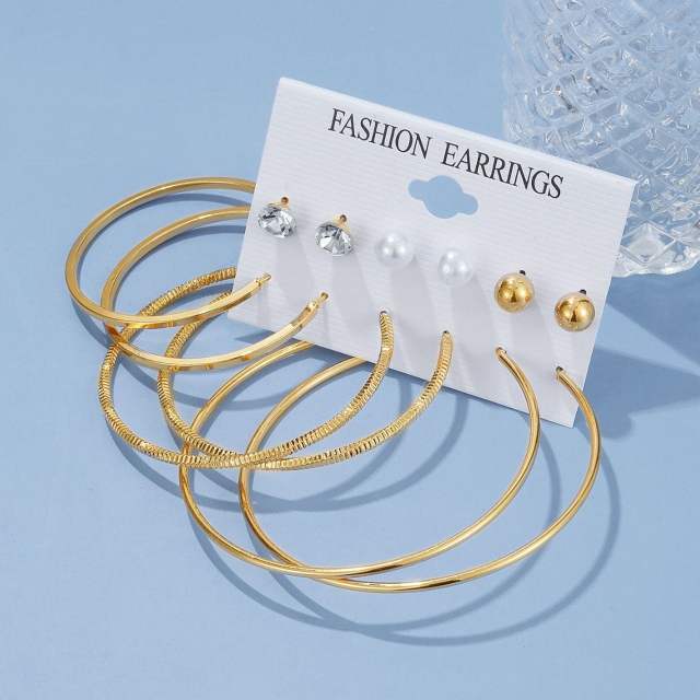 6 pair gold color large hoop earrings studs earrings set