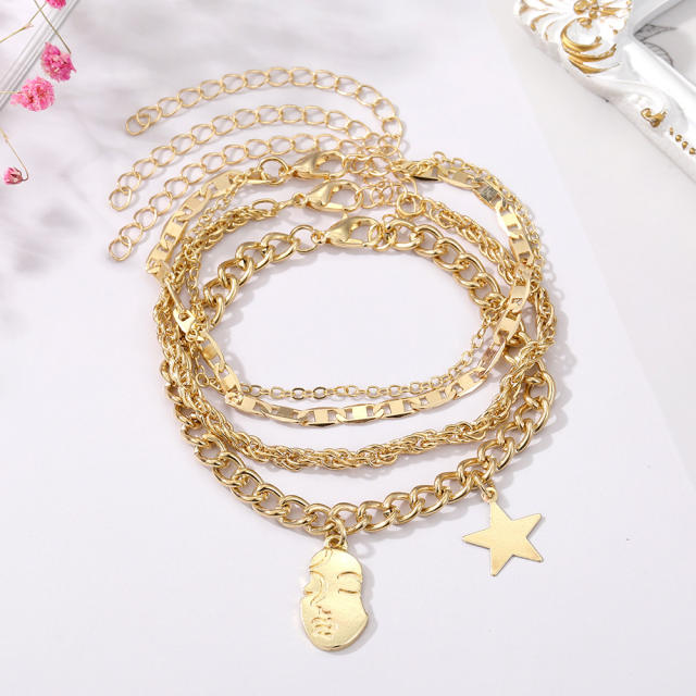 Vintage 4pcs gold color rope chain star charm women bracelet set