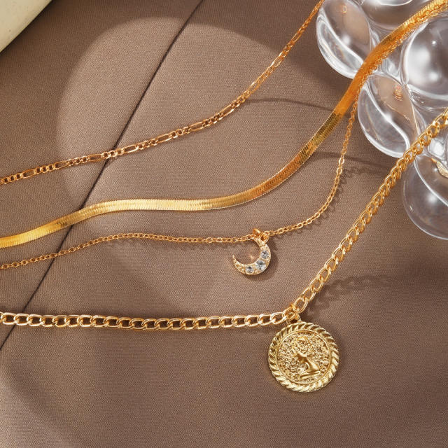 Boho four layer snake chain moon coin pendant women necklace