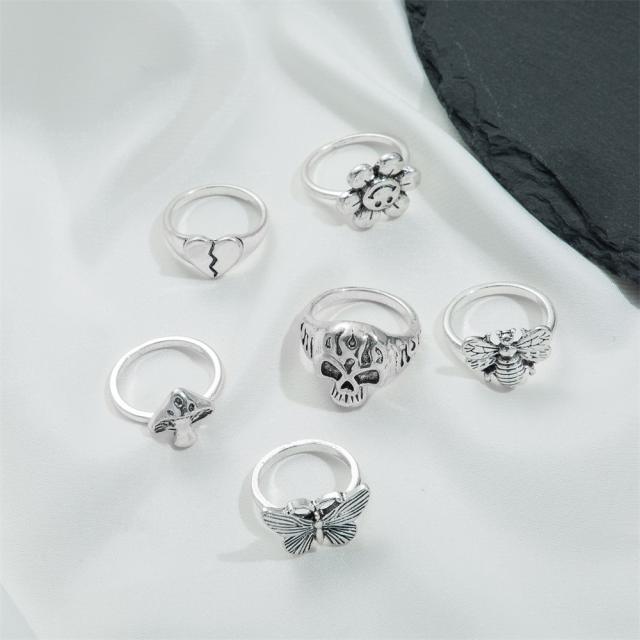 6pcs gothic skull head mushroom butterfly stackable rings set