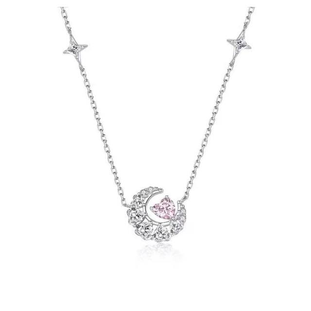 925 sterling silver pink cubic zircon heart moon pendant dainty women necklace