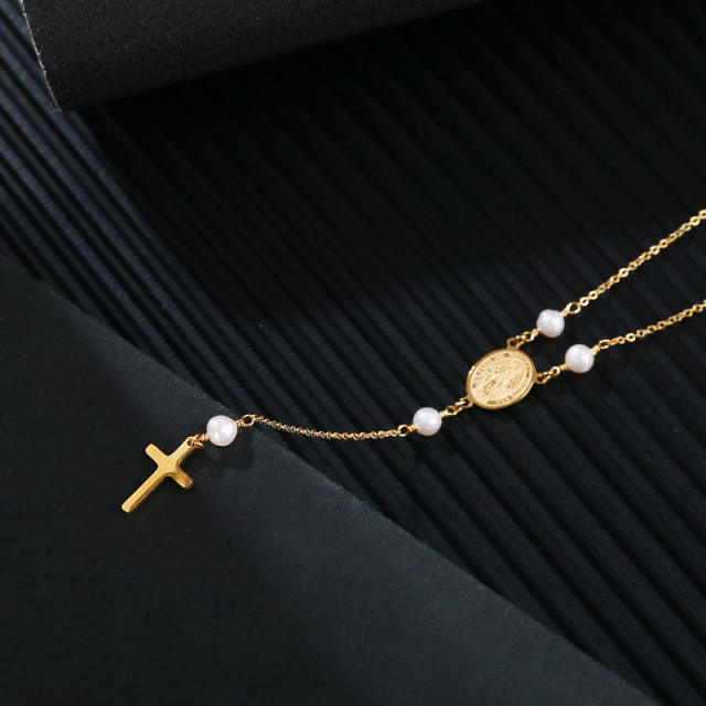 Dainty pearl bead virgin mary cross stainless steel lariat necklace