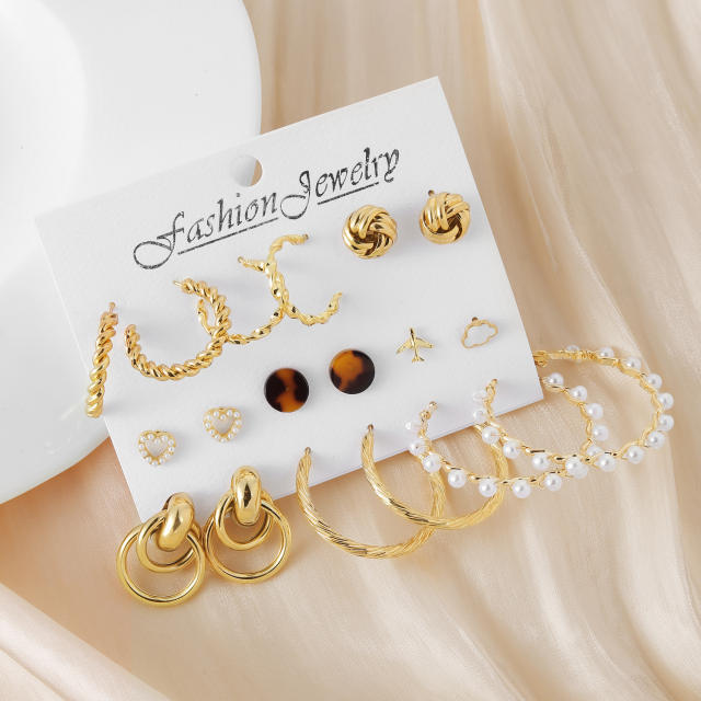 9 pair hot sale gold color easy match hoop earrings set for women