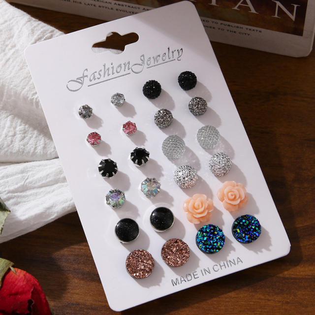 12 pair hot sale shiny ball rose flower studs earrings set