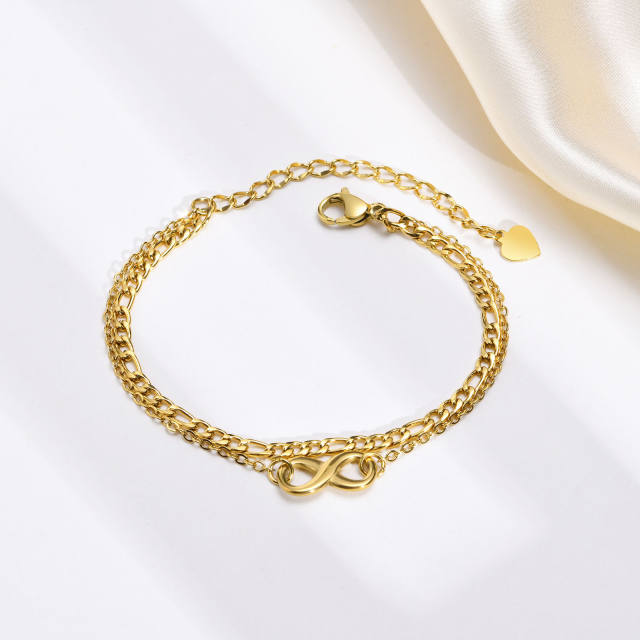 Dainty two layer infinity heart bar stainless steel women bracelet