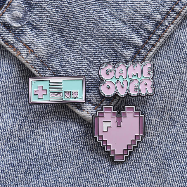 Cute game over letter pink heart brooch pins