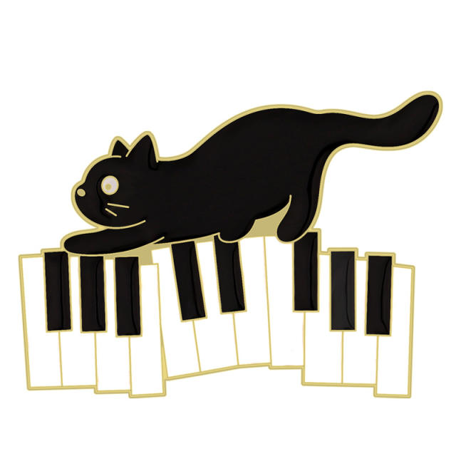 Cute black enamel cat piano brooch pins
