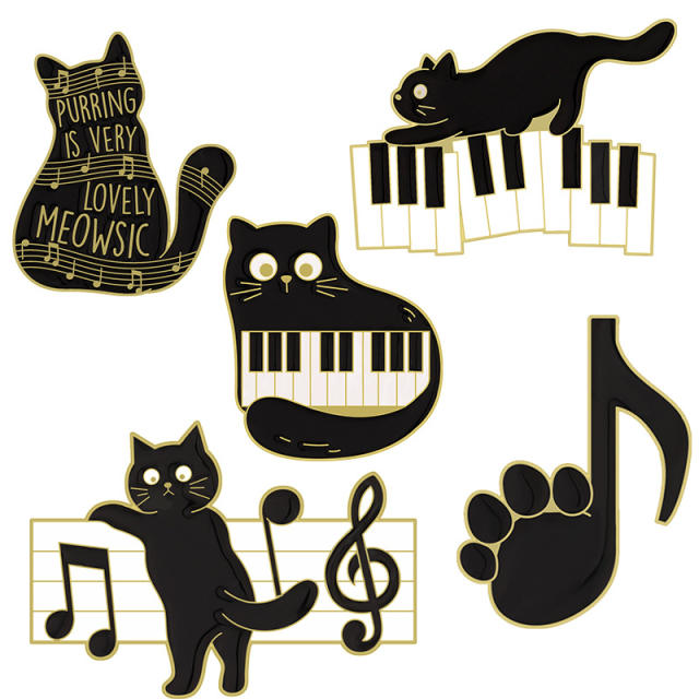 Cute black enamel cat piano brooch pins