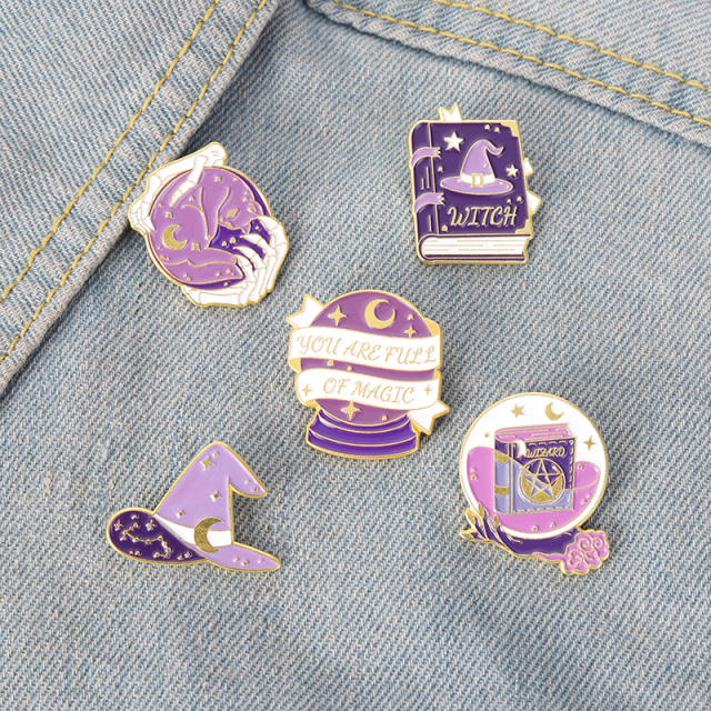 Cartoon purple color enamel halloween the witch series brooch pins