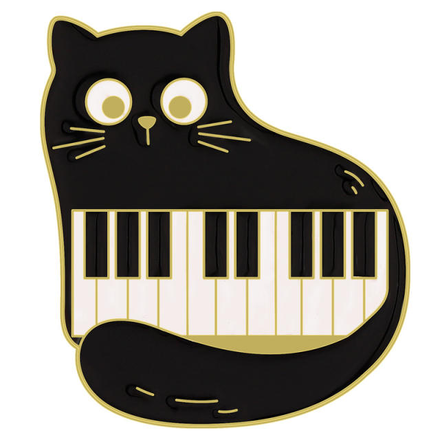 Cute black enamel cat piano brooch pins