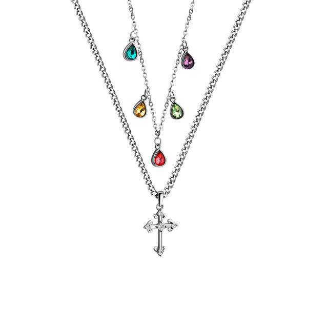 Colorful drop cubic zircon charm cross pendatn two layer necklace