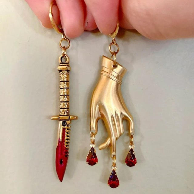 Vintage halloween red rhinestone drop hand sword asymmetrical earrings