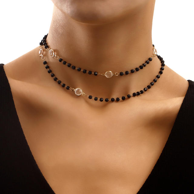 White color rhinestone black bead two layer women choker necklace