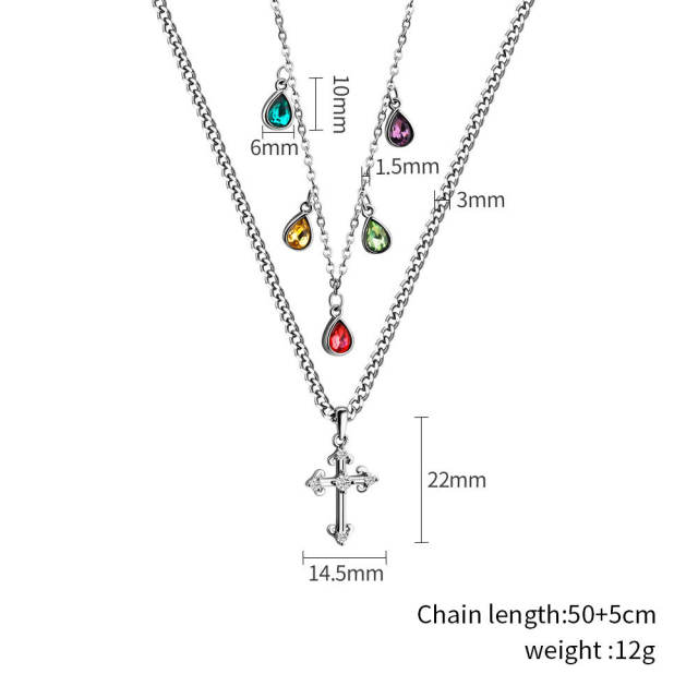 Colorful drop cubic zircon charm cross pendatn two layer necklace