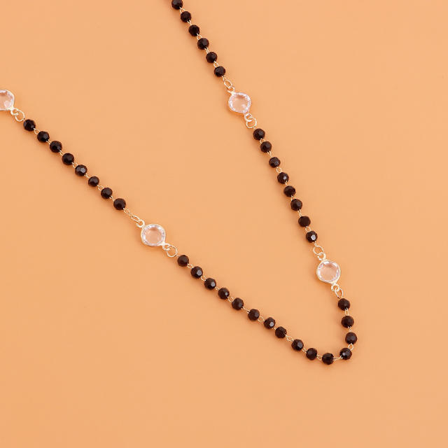 White color rhinestone black bead two layer women choker necklace