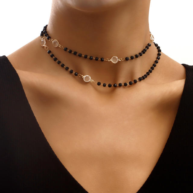 White color rhinestone black bead two layer women choker necklace