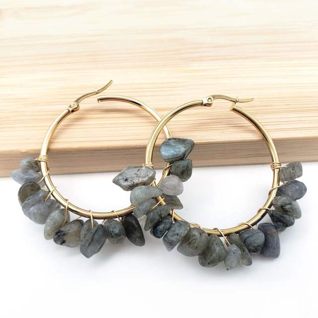 Natural crystal stone stainless steel hoop earrings