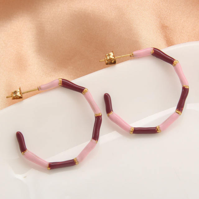 Fashionable color enamel stainless steel open hoop bamboo earrings