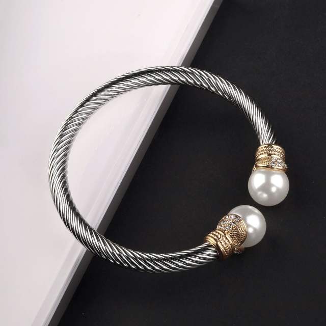 Classic gray pearl bead wireless stainless steel cuff bangle bracelet