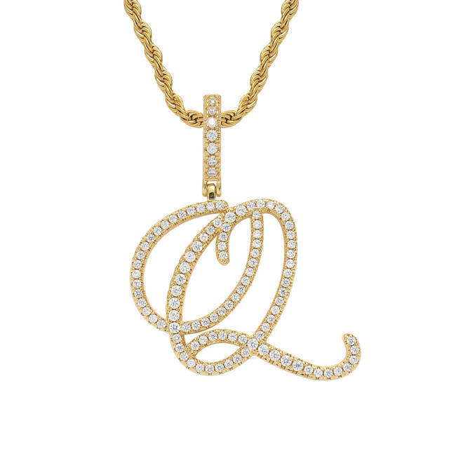 HIPHOP diamond initial letter pendant stainless steel rope chain necklace for men