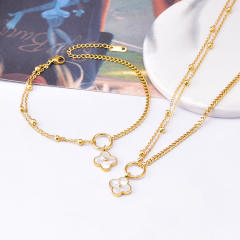 Classic mother shell clover charm stainless steel necklace bracelet anklet set