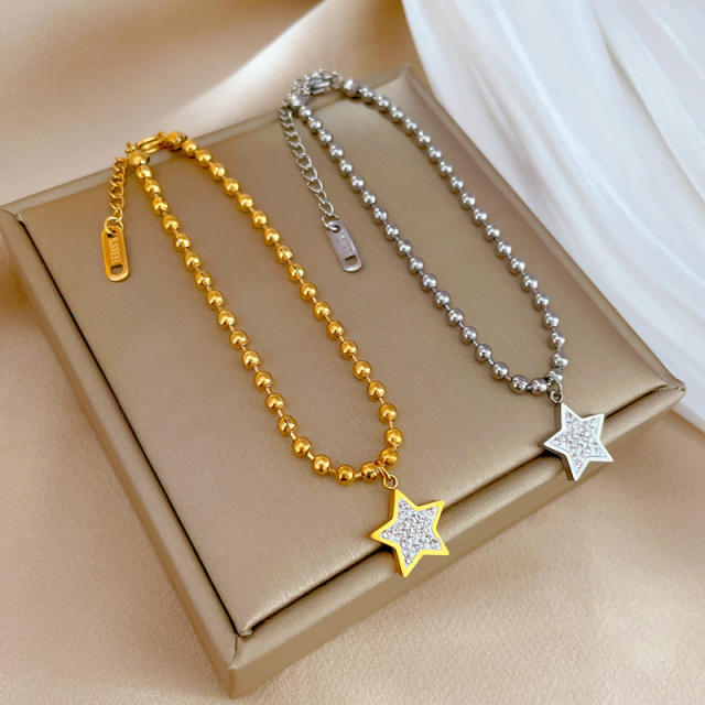 Delicate diamond star charm stainless steel bead bracelet