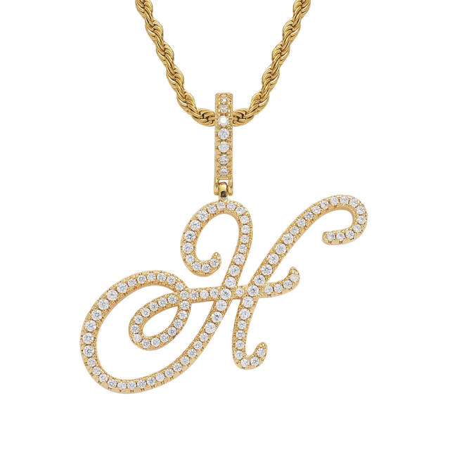 HIPHOP diamond initial letter pendant stainless steel rope chain necklace for men