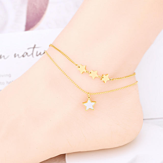 Concise two layer mother shell star stainless steel anklet