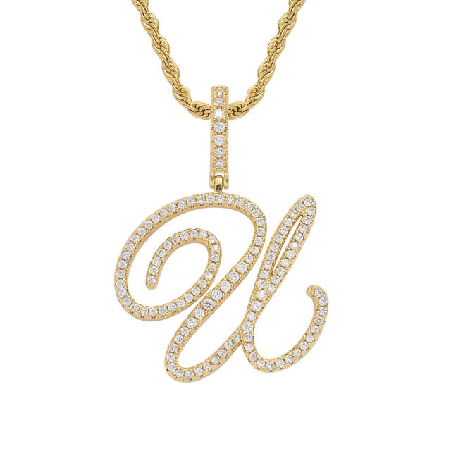 HIPHOP diamond initial letter pendant stainless steel rope chain necklace for men