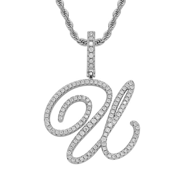 HIPHOP diamond initial letter pendant stainless steel rope chain necklace for men