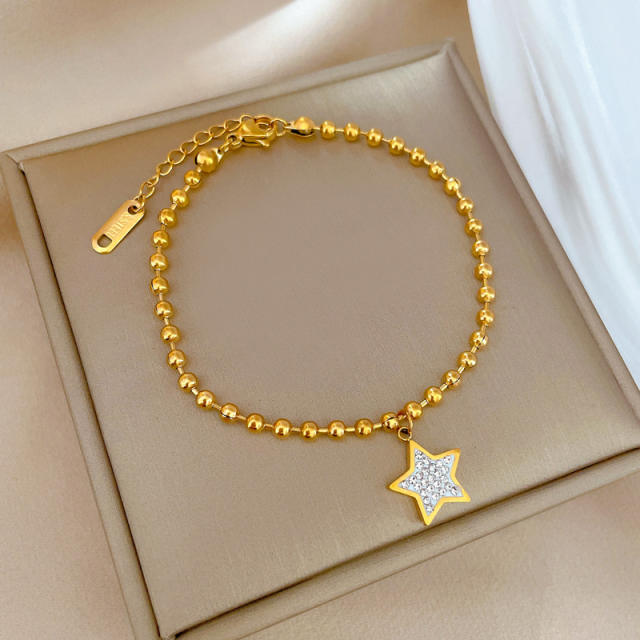 Delicate diamond star charm stainless steel bead bracelet