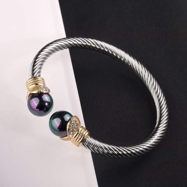 Classic gray pearl bead wireless stainless steel cuff bangle bracelet