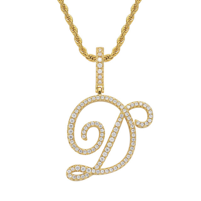 HIPHOP diamond initial letter pendant stainless steel rope chain necklace for men