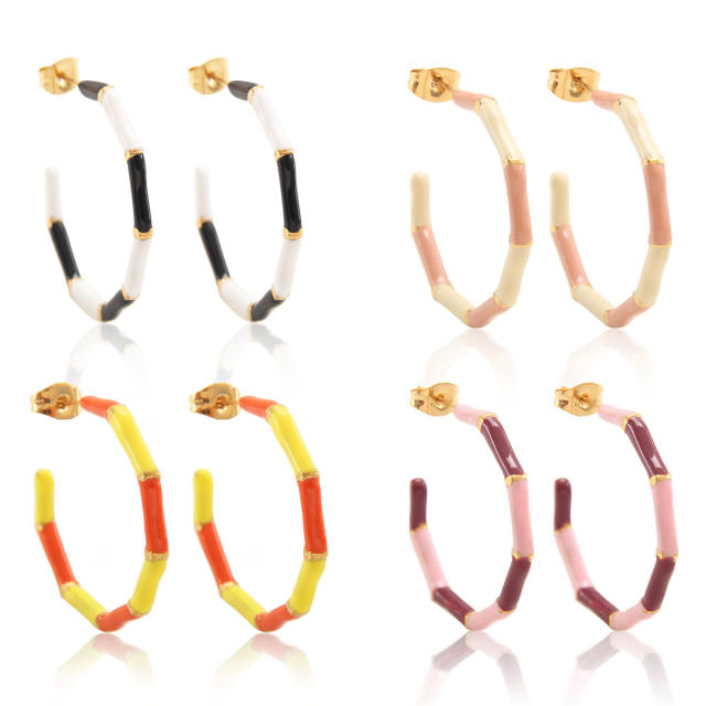 Fashionable color enamel stainless steel open hoop bamboo earrings