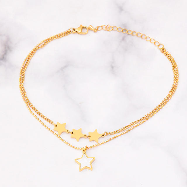 Concise two layer mother shell star stainless steel anklet