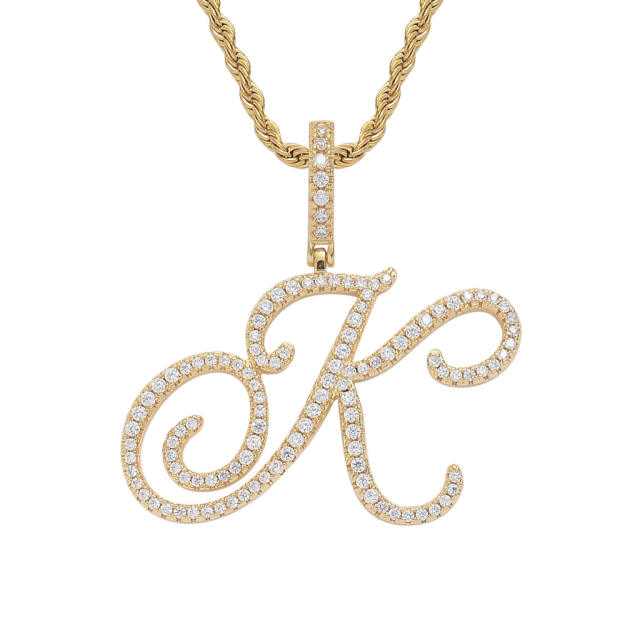 HIPHOP diamond initial letter pendant stainless steel rope chain necklace for men