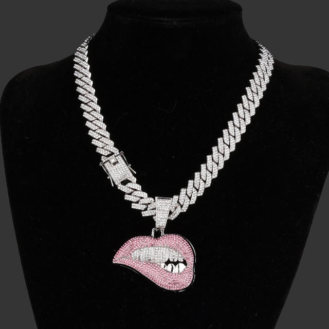HIPHOP pink lips pendant diamond cuban chain necklace